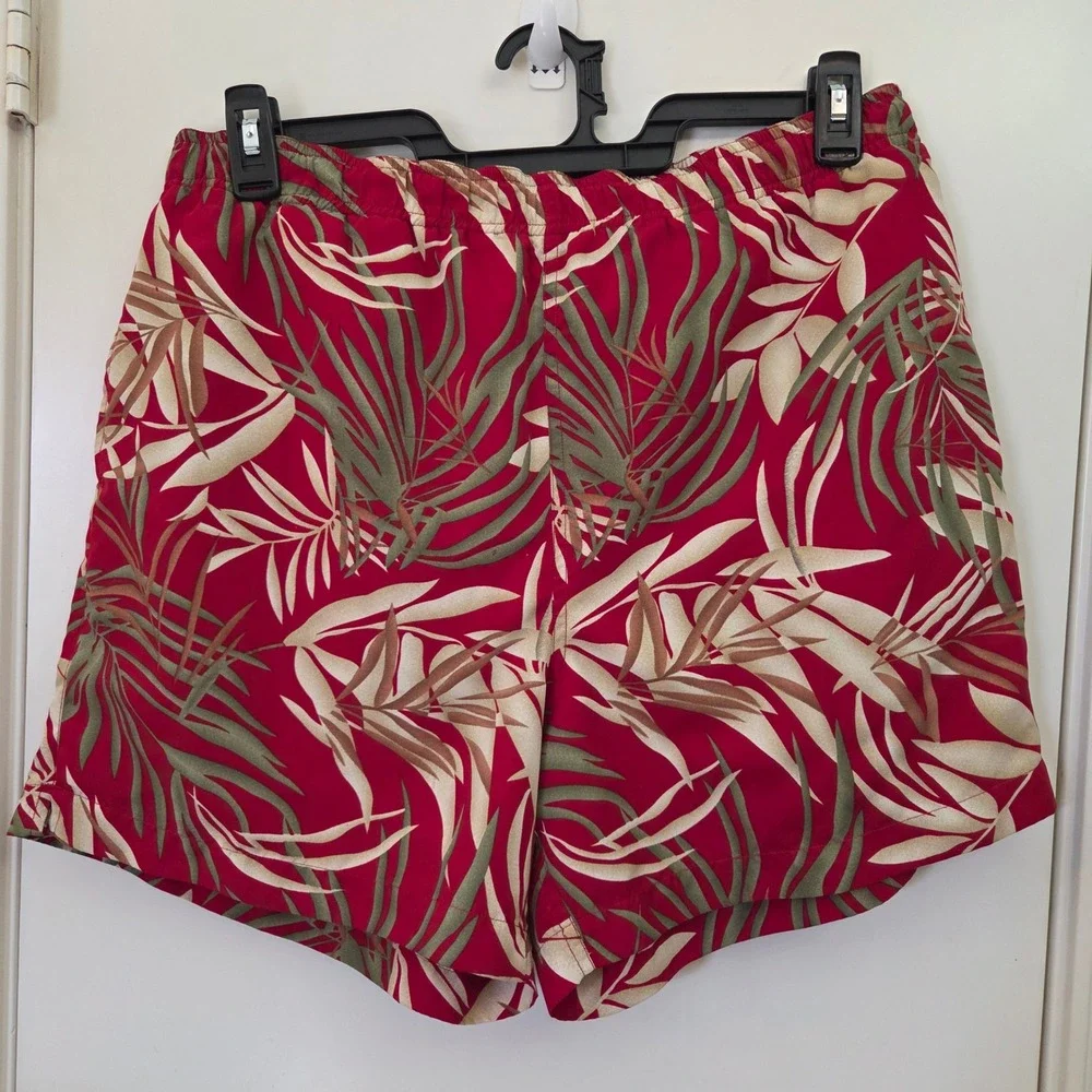 Paradise Coves Mens Red Tropical Palm Leaf Print Swim Trunks Mesh Lined Size M